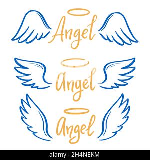 Angel wing with halo and angel lettering text set. Hand drawn line sketch style wing. Simple vector illustration. Stock Vector