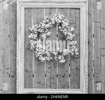 Autumn composition in black and white. Dried white fluffy cotton flower on white wood frame. Floral composition in monochrom. Selective focus, street Stock Photo