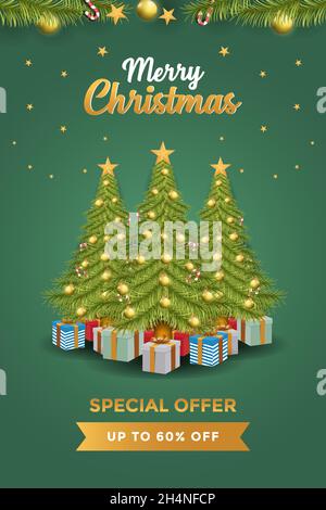 christmas sale poster design with pine tree, gift boxes, lamps, stars, and christmas ornament Stock Vector