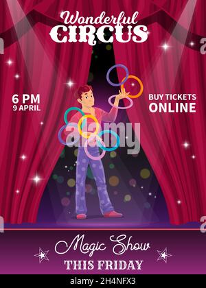 Cartoon juggler character. Shapito circus vector poster, funfair ...