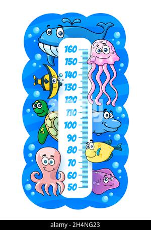 Kids height chart with underwater cartoon sea animals, vector growth measure. Kids height meter or baby tall scale with fishes in ocean water, jellyfi Stock Vector