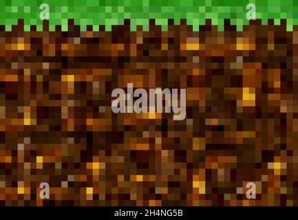 Cubic pixel game golden ore, grass and ground blocks, vector background pattern. Coal mine for 8bit pixel art, underground gold and green grass, 8 bit Stock Vector