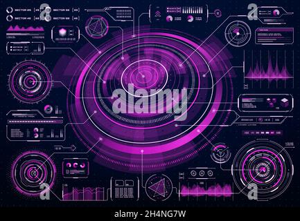 HUD futuristic purple user screen interface, infographics big data info charts or circular vector diagram. Artificial intelligence computer program in Stock Vector