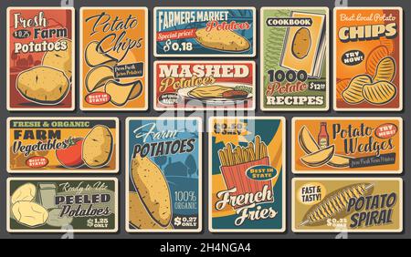 Potato food products, french fries, wedges and chips, vector vintage retro posters. Farm food vegetables and market products, mashed potatoes and toma Stock Vector