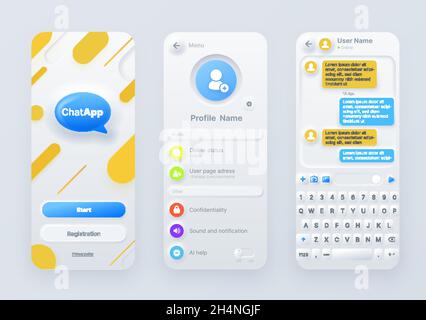 Neumorphic chat application interface, ui of mobile or web communication app. Messenger screen template vector kit with message bubbles, online dialog Stock Vector