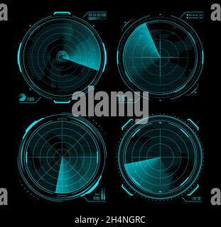 HUD military traffic control, radar or sonar display screen interface. Navigation digital vector monitors with blue neon radar grid, map, target and b Stock Vector