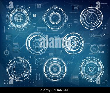 HUD futuristic circular interface panels. Sci Fi, web technology and visual data vector graphs set. Game GUI elements collection, app or computer prog Stock Vector
