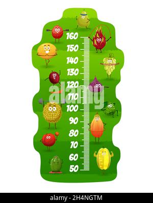 Cartoon tropical fruits on fitness. Kids height chart, child growth meter with funny exotic fruits, guava, pitaya and lychee, maracuya, papaya and fig Stock Vector