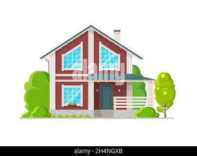 Two-storey house with wood plank facade. Home exterior with porch terrace with wooden railings, white and red plank walls, green trees, flowerbed on f Stock Vector