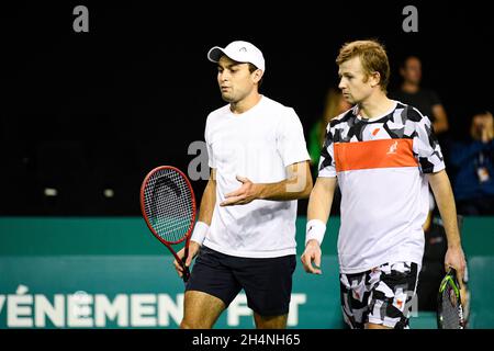 Paris, France. 03rd Nov, 2021. Aslan Karatsev of Russia and Andrey (or Andrei) Golubev of Kazakhstan during the Rolex Paris Masters 2021, ATP Masters 1000 tennis tournament, on November 3, 2021 at Accor Arena in Paris, France. Photo by Victor Joly/ABACAPRESS.COM Credit: Abaca Press/Alamy Live News Stock Photo