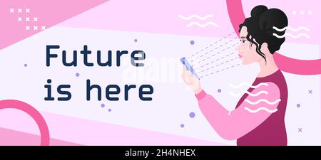 Concept of verification on smartphone - banner. Horizontal layout with woman face recognition scene and abstract background in memphis style Stock Vector