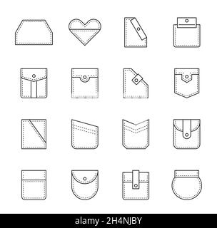 Patch pockets with seam and flap. Uniform clothes pockets. Men and women casual pants, shirts and jacket square, round and sloping, heart shaped line Stock Vector