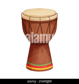 African djembe drum, reggae Jamaica traditional musical instrument in cartoon style isolated on white background. Ethnic, . Vector illustration Stock Vector
