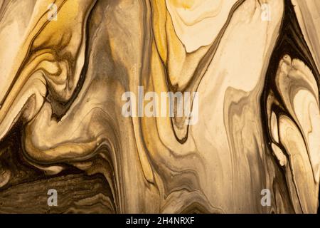 Abstract fluid art background dark brown and beige colors. Liquid marble. Acrylic painting on canvas with golden gradient and splash. Alcohol ink back Stock Photo