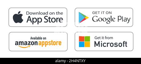 Vetor do Stock: App store and Google play buttons. Microsoft store. Mobile  app download button for Google android and Apple iphone devices. Editorial  vector. Rivne, Ukraine - November 14, 2020.