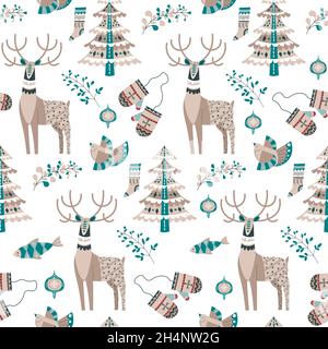 Reindeer and pine tree with evergreen branches Stock Vector