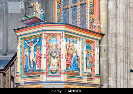 Ornate late 19th century painted pulpit in the cathedral at Canterbury, England. Stock Photo