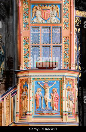 Ornate late 19th century painted pulpit in the cathedral at Canterbury, England. Stock Photo