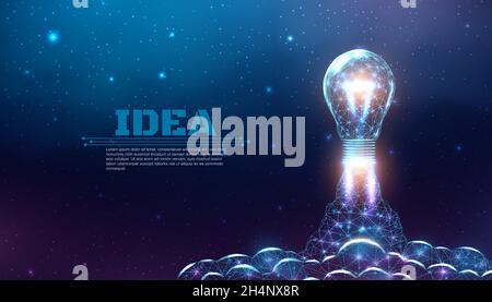 Bulb launch, wireframe polygonal style. Internet technology network, business startup concept with glowing low poly rocket. Futuristic modern abstract Stock Vector