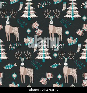 Deer animal and pine tree, bird fish xmas pattern Stock Vector