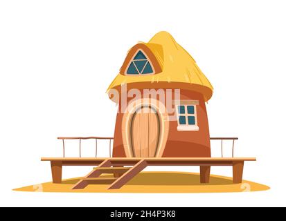 Bungalow beach. Exterior of the building. House in nature. Straw roof. A hut on the coastal sand. Vector. Stock Vector