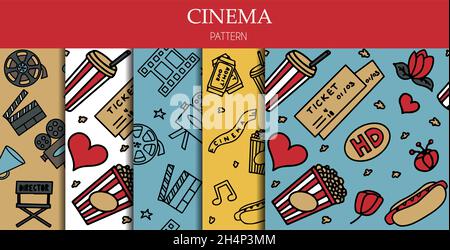 Seamless Pattern with Cinema, TV Shows, Series and Movies Funny Doodle Vector icons. Hand drawn colorful illustration. Set for podcast, awards and Stock Vector