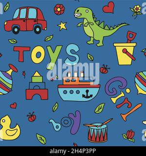 Vector doodle seamless pattern with toys. Hand draw collection of toys icons for baby shower or scrapbook. Cute illustration for children Stock Vector