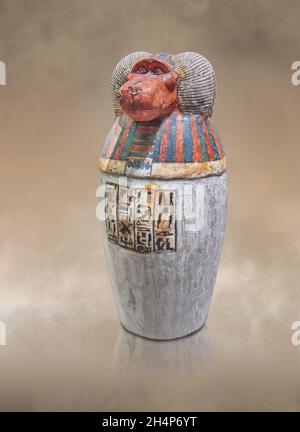 Ancient Egyptian canopic jar depicting the baboon Hapi, 1064-644 BC 3rd Intermediate period, painted wood, Louvre Museum inv N2952B.Inscribed to Padio Stock Photo