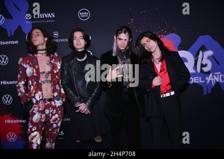 Mexico City, Mexico. 03rd Nov, 2021. Whiplash band  pose for photos during the blue carpet of GQ Men of the Year Awards 15th Edition at Alto San Angel. On November 3, 2021 in Mexico City, Mexico. (Photo by Carlos Tischler/ Eyepix Group) Credit: Eyepix Group/Alamy Live News Stock Photo