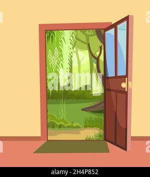 Opened door. From inside of room at home. Summer Pretty landscape view. Yellow wall. Way is open. Cartoon cute fairy tale design. Image background Stock Vector