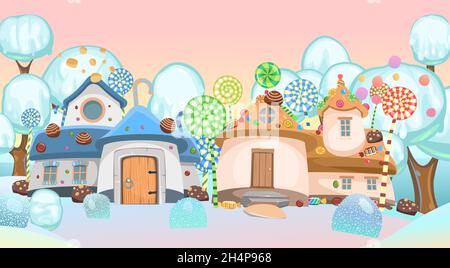 Candy hut in winter forest with trees of ice cream with nuts. Sweet caramel fairy house. Summer cute landscape. Illustration in cartoon style flat Stock Vector
