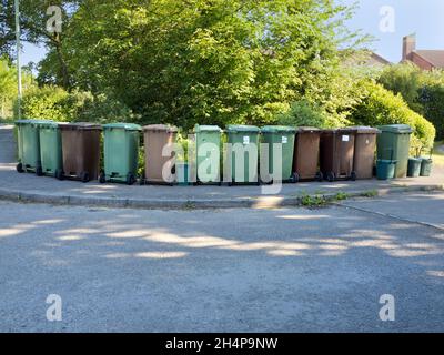 Garbage collection day in Radley Village. My home village has a sacred ritual, which must be performed without fail. The ritual of the garbage bins ce Stock Photo