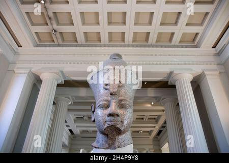 The colossal red granite statue of Amenhotep III in the British Museum is a granite head of the 18th Dynasty ancient Egyptian Pharaoh. Also known as A Stock Photo