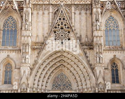 Saint Eulalia is the patron saint of Barcelona; the imposing cathedral named after her was constructed from the 13th to 15th centuries; it lies at the Stock Photo