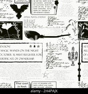 Seamless pattern with doodles imitating handwritten text on a newspaper page with sketches and blots. abstract repeating background. Suitable for wall Stock Vector
