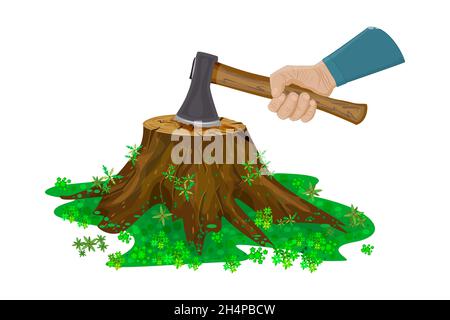 Tree stump and hand with axe isolated on white background. Deforestation, wood devastation and ecosystem destruction concept.Stock vector illustration Stock Vector
