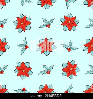 Poinsettia and holly branches vector seamless pattern. Winter flowers doodle sketch in a minimalist style. Trendy illustration for wallpaper, wrapping paper, print, winter fabric Stock Vector