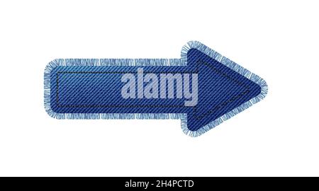 Denim patch in the shape of an arrow with fringe. Light blue denim. Textile texture modern label. Vector realistic illustration. Stock Vector