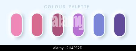 Guide Palette Catalog. Multicolor purple pink cyan. Samples Pastel and RGB HEX. Colorful soft buttons or vivid color spheres flat. Neomorphism Vector Stock Vector