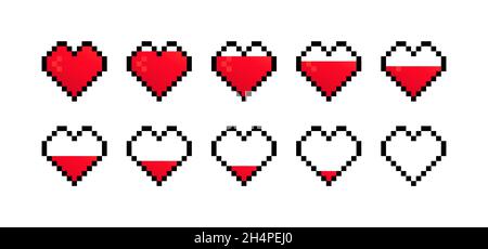 Pixel heart icon set. Pixel game life bar. Health heart bar. Gaming controller, symbols set. Vector EPS 10. Isolated on white background. Stock Vector