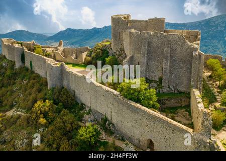 Aerial shot of the Cathar medieval castle Peyrepertuse in south of France Stock Photo