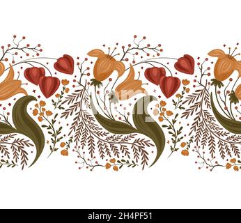 Seamless autumn border with flowers, berries and physalis. Floral ornament on white background. Vector natural frieze with bouquets for frame and tape Stock Vector