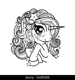 Cute unicorn. A magical animal. Black-and-white linear drawing. Vector Stock Vector