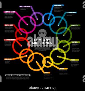 Full year timeline template with all months as a circles on endless cycle loop time line made from thick marker color lines with icons, months days an Stock Vector