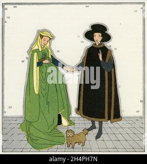 Quaint illustration of Jan van Eyck's Arnolfini Portrait, published circa 1928 Stock Photo