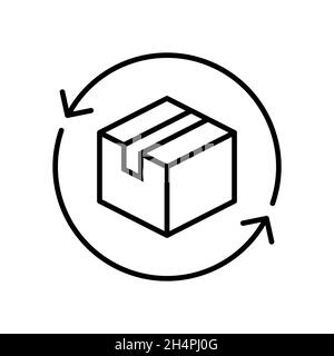 Free product return line icon. Delivery box with arrows. Exchange goods symbol. Package tracking sign. Parcel box inside circle arrow. Vector Stock Vector