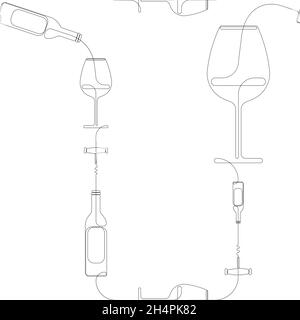 Seamless Pattern with continuous line drawing of wine glasses, bottles and corkscrews. Background with Wine theme. Vector Illustration Stock Vector