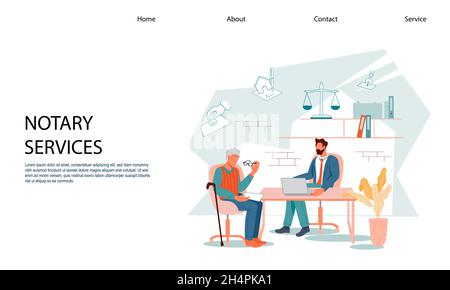 Notary service website banner template with elderly man in attorney office. Stock Vector