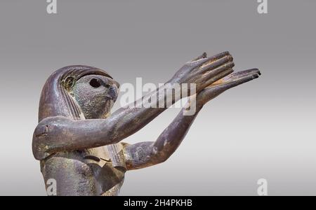 Ancient Egyptian bronze sculpture of god Horus, 1069-664 BC, . Louvre Museum inv E7703. Horus or Her, Heru, Hor, Har in Ancient Egyptian, is one of th Stock Photo