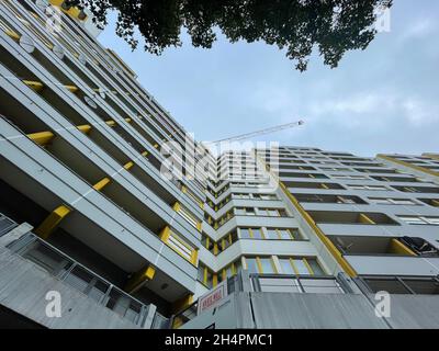 Berlin, Germany. 26th Oct, 2021. Residential buildings rise into the sky Credit: Paul Zinken/dpa/Alamy Live News Stock Photo